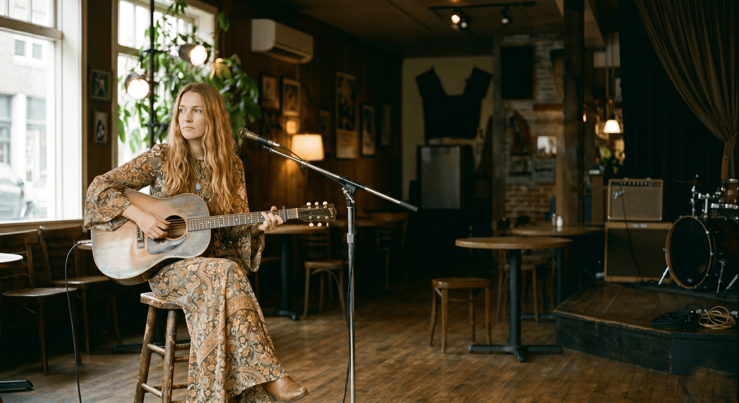 A songwriter with an acoustic guitar on a cozy cafe stage.